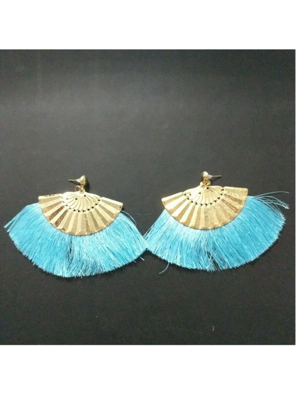 Gold Tone Turquoise Blue Colored Fringe Fan Statement Earrings